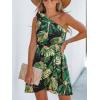 imageCUPSHE Womens One Shoulder Leaf Print Selftie Short Dress Sleeveless Tiered Hem Formal Dress Casual Mini DressDark Green