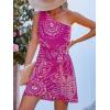 imageCUPSHE Womens One Shoulder Leaf Print Selftie Short Dress Sleeveless Tiered Hem Formal Dress Casual Mini DressFuchsia Paisley