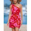 imageCUPSHE Womens One Shoulder Leaf Print Selftie Short Dress Sleeveless Tiered Hem Formal Dress Casual Mini DressRed Floral