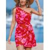 imageCUPSHE Womens One Shoulder Leaf Print Selftie Short Dress Sleeveless Tiered Hem Formal Dress Casual Mini DressRed Floral