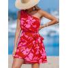 imageCUPSHE Womens One Shoulder Leaf Print Selftie Short Dress Sleeveless Tiered Hem Formal Dress Casual Mini DressRed Floral