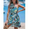 imageCUPSHE Womens One Shoulder Leaf Print Selftie Short Dress Sleeveless Tiered Hem Formal Dress Casual Mini DressSky Blue