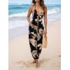 imageCUPSHE Womens Plunge Halter Sleeveless Pleated Long Romper Knit Jogger Maxi Jumpsuit with PocketsBlack Tropical