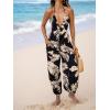 imageCUPSHE Womens Plunge Halter Sleeveless Pleated Long Romper Knit Jogger Maxi Jumpsuit with PocketsBlack Tropical