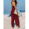 imageCUPSHE Womens Plunge Halter Sleeveless Pleated Long Romper Knit Jogger Maxi Jumpsuit with PocketsBurgundy