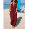imageCUPSHE Womens Plunge Halter Sleeveless Pleated Long Romper Knit Jogger Maxi Jumpsuit with PocketsBurgundy