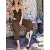 imageCUPSHE Womens Plunge Halter Sleeveless Pleated Long Romper Knit Jogger Maxi Jumpsuit with PocketsCoffee