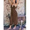 imageCUPSHE Womens Plunge Halter Sleeveless Pleated Long Romper Knit Jogger Maxi Jumpsuit with PocketsCoffee