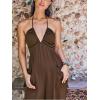 imageCUPSHE Womens Plunge Halter Sleeveless Pleated Long Romper Knit Jogger Maxi Jumpsuit with PocketsCoffee