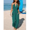 imageCUPSHE Womens Plunge Halter Sleeveless Pleated Long Romper Knit Jogger Maxi Jumpsuit with PocketsPeacock