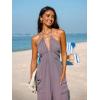 imageCUPSHE Womens Plunge Halter Sleeveless Pleated Long Romper Knit Jogger Maxi Jumpsuit with PocketsPurple