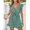 imageCUPSHE Womens V Neck Floral Print Belted Elastic Waist Romper Ruffled Cap Sleeves Mini JumpsuitDark Green