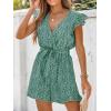 imageCUPSHE Womens V Neck Floral Print Belted Elastic Waist Romper Ruffled Cap Sleeves Mini JumpsuitDark Green
