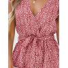 imageCUPSHE Womens V Neck Floral Print Belted Elastic Waist Romper Ruffled Cap Sleeves Mini JumpsuitRed