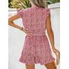 imageCUPSHE Womens V Neck Floral Print Belted Elastic Waist Romper Ruffled Cap Sleeves Mini JumpsuitRed
