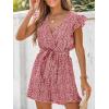 imageCUPSHE Womens V Neck Floral Print Belted Elastic Waist Romper Ruffled Cap Sleeves Mini JumpsuitRed