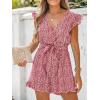 imageCUPSHE Womens V Neck Floral Print Belted Elastic Waist Romper Ruffled Cap Sleeves Mini JumpsuitRed