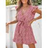 imageCUPSHE Womens V Neck Floral Print Belted Elastic Waist Romper Ruffled Cap Sleeves Mini JumpsuitRed