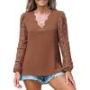 imageCUPSHE Women Floral Lace Scalloped Top Long Sleeve Shirts V Neck BlousesBrown