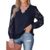 imageCUPSHE Women Floral Lace Scalloped Top Long Sleeve Shirts V Neck BlousesNavy