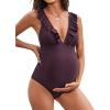 imageCUPSHE Women Swimsuit Maternity One Piece Bathing Suit Deep V Neck Ruffle Back Tie Ruching Adjustable Straps SwimwearBrown