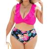 imageCUPSHE Women Swimsuit Plus Size Bikini Set High Waisted Ruffled Front Self Tie Back Ruched Bathing SuitMagentaBlack Floral
