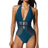 imageCUPSHE Womens One Piece Swimsuit Bathing Suit Deep V Neck Halter Back Tie Mesh SwimwearBlue
