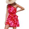 imageCUPSHE Womens One Shoulder Leaf Print Selftie Short Dress Sleeveless Tiered Hem Formal Dress Casual Mini DressRed Floral