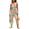 imageCUPSHE Womens Plunge Halter Sleeveless Pleated Long Romper Knit Jogger Maxi Jumpsuit with PocketsBlue Paisley