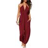 imageCUPSHE Womens Plunge Halter Sleeveless Pleated Long Romper Knit Jogger Maxi Jumpsuit with PocketsBurgundy
