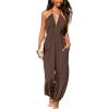 imageCUPSHE Womens Plunge Halter Sleeveless Pleated Long Romper Knit Jogger Maxi Jumpsuit with PocketsCoffee