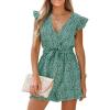 imageCUPSHE Womens V Neck Floral Print Belted Elastic Waist Romper Ruffled Cap Sleeves Mini JumpsuitDark Green