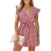 imageCUPSHE Womens V Neck Floral Print Belted Elastic Waist Romper Ruffled Cap Sleeves Mini JumpsuitRed