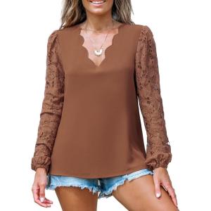 imageCUPSHE Women Floral Lace Scalloped Top Long Sleeve Shirts V Neck BlousesBrown