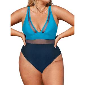 imageCUPSHE Women Plus Size One Piece Swimsuit V Neck Mesh Sheer Tummy Control Bathing Suit with Adjustable Wide StrapsBright BlueNavy