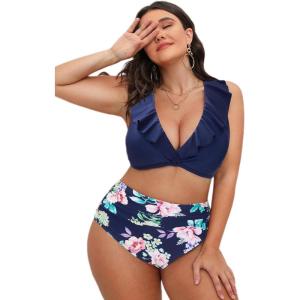 imageCUPSHE Women Swimsuit Plus Size Bikini Set High Waisted Ruffled Front Self Tie Back Ruched Bathing SuitIndigo BlueFloral