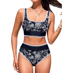 imageCUPSHE Womens Bikini Sets Two Piece Swimsuit Scoop Neck Tank Wide Straps Midkini StitchingBlackWhite