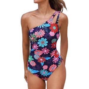 imageCUPSHE Womens One Piece Swimsuit Tummy Control Bathing Suit One Shoulder Cutout Slimming SwimwearDark NavyFloral