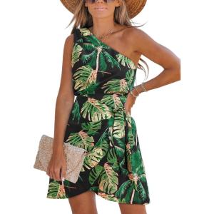 imageCUPSHE Womens One Shoulder Leaf Print Selftie Short Dress Sleeveless Tiered Hem Formal Dress Casual Mini DressDark Green