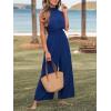 imageCUPSHE Women Floral Summer Maxi Jumpsuit with Pocket Mock Neck Elastic Waist Overall Wide Leg Business Casual Holiday RomperNavy Blue