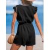 imageCUPSHE Womens Rompers V Neck Flutter Sleeve Wide Leg Overall Waist Tie Outfit Casual BeachBlack