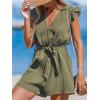 imageCUPSHE Womens Rompers V Neck Flutter Sleeve Wide Leg Overall Waist Tie Outfit Casual BeachGreenolive