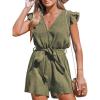 imageCUPSHE Womens Rompers V Neck Flutter Sleeve Wide Leg Overall Waist Tie Outfit Casual BeachGreenolive