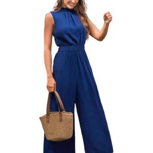 imageCUPSHE Women Floral Summer Maxi Jumpsuit with Pocket Mock Neck Elastic Waist Overall Wide Leg Business Casual Holiday RomperNavy Blue