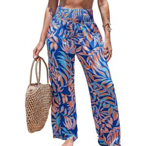 imageCUPSHE Women Swimsuit Cover Ups Pants High Waist Smokced Wide Leg Beach Vacation OutfitsTropical Leaf