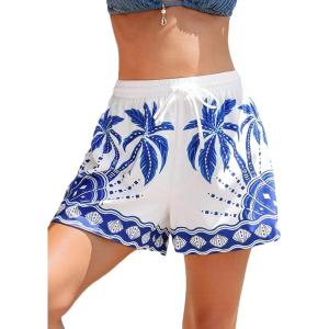 imageCUPSHE Womens Summer Beach Shorts High Waist Drawstring Wide Leg Printed Casual Shorts with PocketsBlue Print