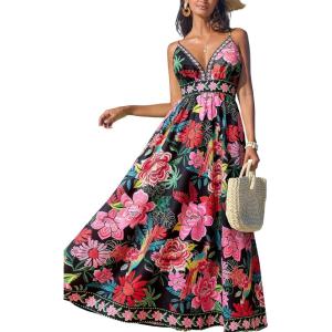 imageCUPSHE Womens Summer Dresses Casual Spring V Neck Sleeveless Floral Beach Vacation Long Spaghetti Strap Flowy Maxi DressBlack Floral
