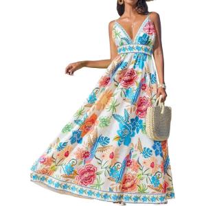 imageCUPSHE Womens Summer Dresses Casual Spring V Neck Sleeveless Floral Beach Vacation Long Spaghetti Strap Flowy Maxi DressBlue Floral
