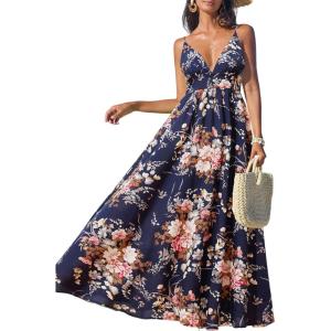 imageCUPSHE Womens Summer Dresses Casual Spring V Neck Sleeveless Floral Beach Vacation Long Spaghetti Strap Flowy Maxi DressNavy Floral