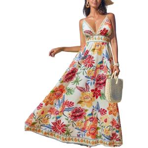 imageCUPSHE Womens Summer Dresses Casual Spring V Neck Sleeveless Floral Beach Vacation Long Spaghetti Strap Flowy Maxi DressRed Floral